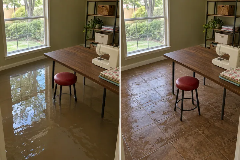 Water Extraction Near Getzendaner Park — matched room before collection and after pickup with damp flooring