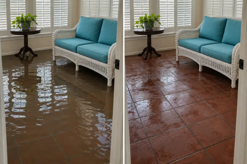 Water Extraction Near Chapman Park — matched room before collection and after pickup with damp flooring