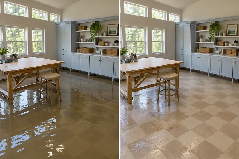 Water Extraction Near Brown-Singleton Park — matched room before collection and after pickup with damp flooring