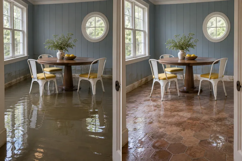 Water Extraction Near Lee Penn Park — matched room before collection and after pickup with damp flooring