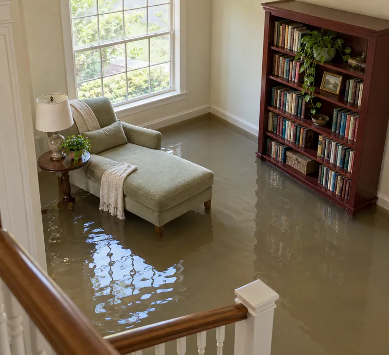Water Extraction Near Lee Penn Park — pooled room with submerged lower furniture feet and visible waterlines