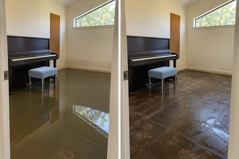 Water Extraction Near Spring Park — matched room before collection and after pickup with damp flooring
