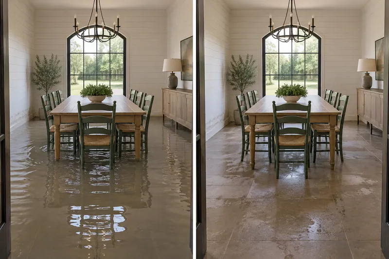 Water Extraction in Waxahachie — matched room before collection and after pickup with damp flooring